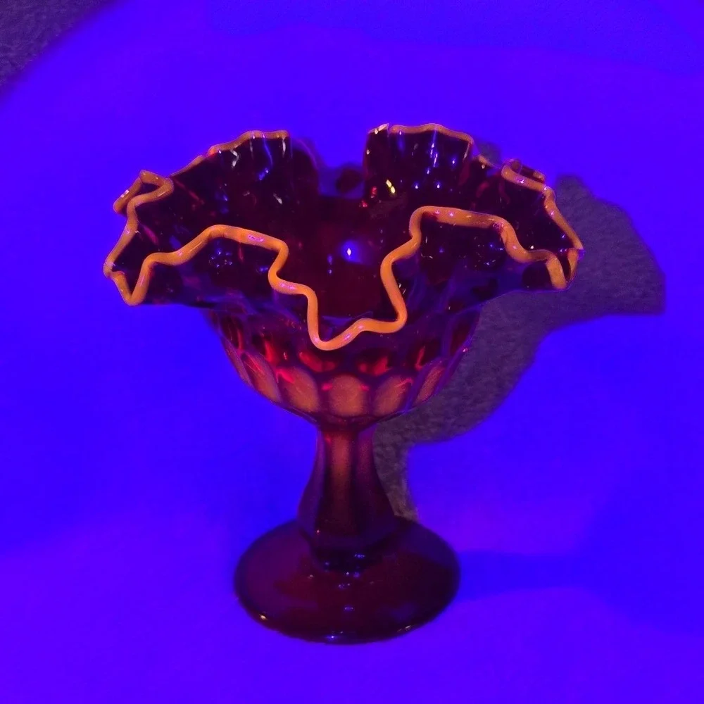 Vintage Fenton Ruby Red Thumbprint Glass‎ Pedestal Compote Cadmium Glow on Rim